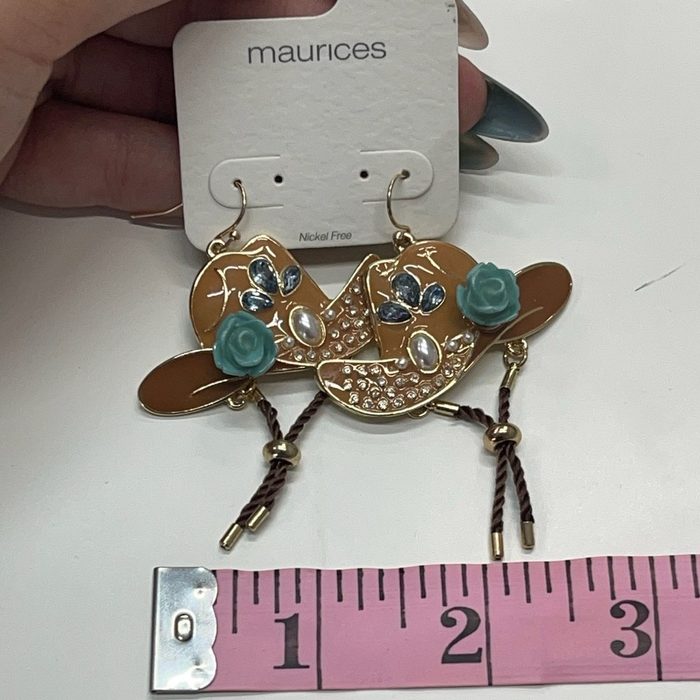 Maurices Cowboy Hat Drop Earrings Tan Enamel Rhinestone Rose Tassel Nickel Free